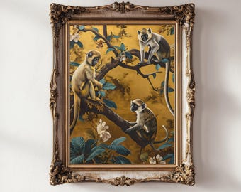 Chinoiserie Monkey Canvas Print: Vintage Jungle Animal Wall Art for Maximalist Nursery or Luxury Safari Decor in Golden & Teal Tones