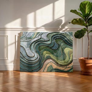 Arte mural de terrazas de arroz: impresión en lienzo de paisaje aéreo, decoración abstracta Japandi, pintura al óleo con técnica de empaste.