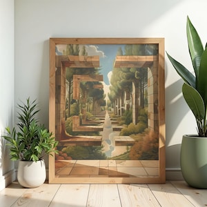Ingelijste kunstdruk bos met optische illusie – Surrealistisch geometrisch landschap