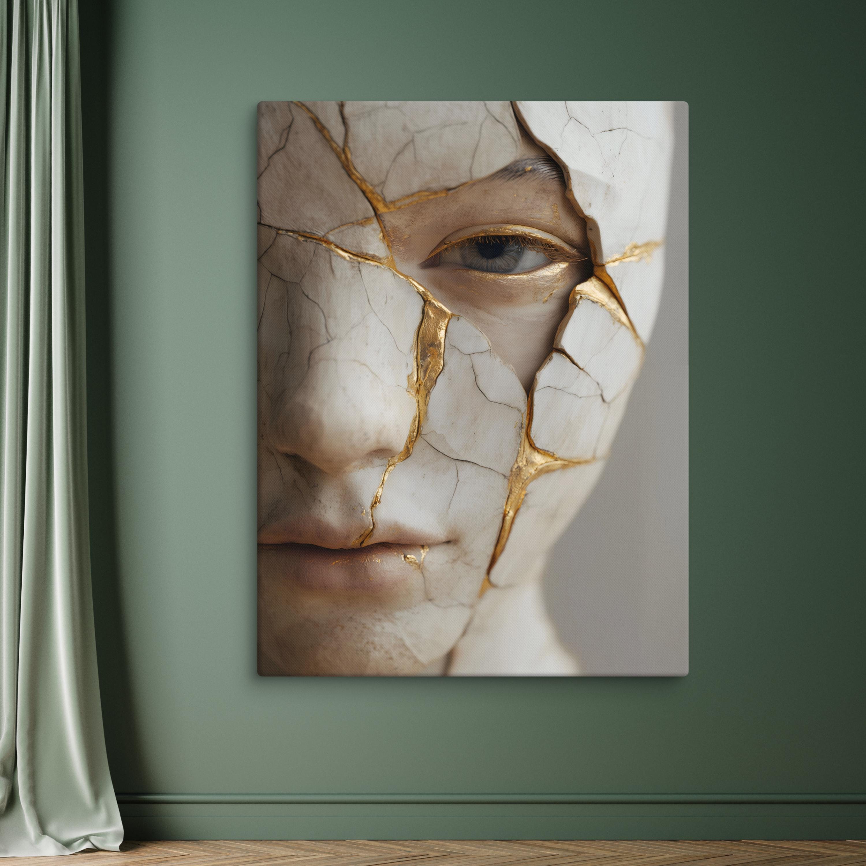 Gouden Kintsugi-masker portret muurkunst | Diep humeurige vrouwelijke canvasprint – luxe Hypebeast-decor, kamerstijl Wabi Sabi Japandi en maximalist