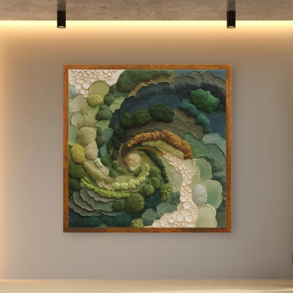 Moss Wall Art Spiral Canvas Print - Organic Shaped Green Print - Japandi Nature Decor - Botanical Abstract Earth Tones