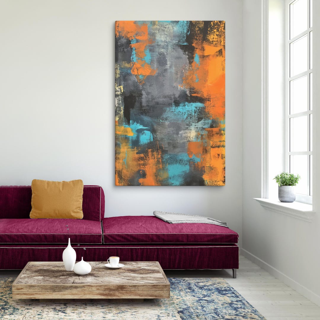 Painted Abstract Wall Art Digital Download – Teal, Orange & Gray Modern ...
