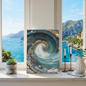 May include: A rectangular canvas print featuring an abstract swirling pattern of blue, teal, and beige tones, resembling a whirlpool or ocean wave. The design incorporates rounded shapes and textured brushstrokes in a circular composition.