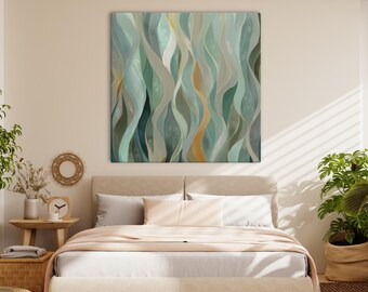 Japanse muurkunst saliegroen | Wabi Sabi kustdoek | Neutrale abstracte natuur, grote moderne minimalistische aardetinten