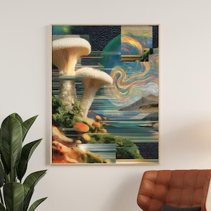 Surreal Mushroom Landscape Canvas – Psychedelic Cottagecore Home Wall Art, Glitch Fantasy Print, Colorful Botanical Canvas Decor