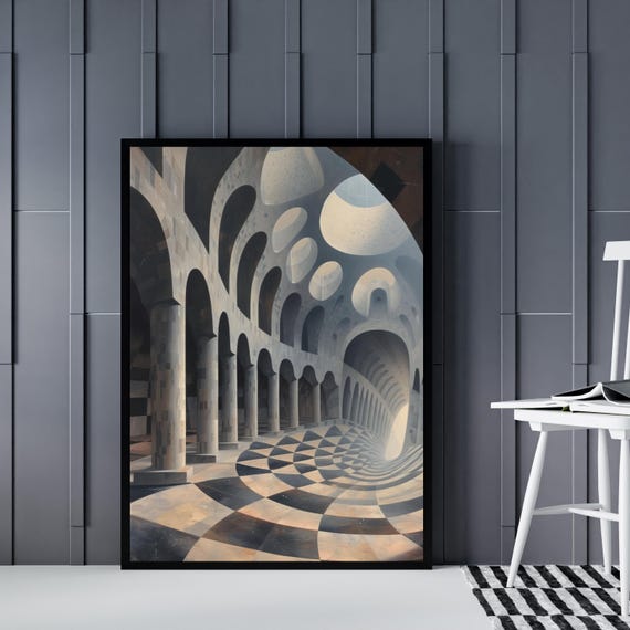 Masculine Wall Art – Architectural Surreal Canvas, Optical Illusion Arches, Modern Geometric Decor