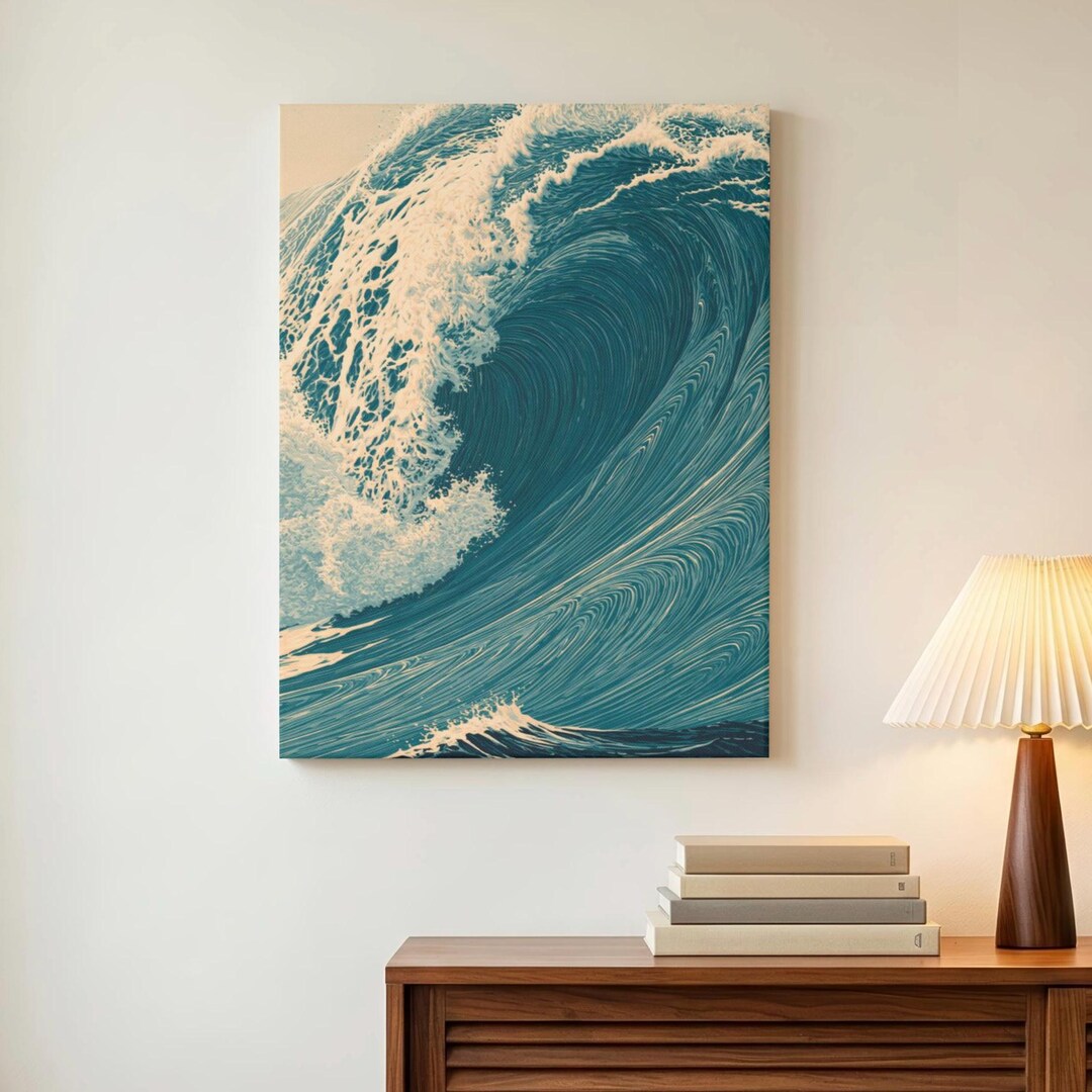 Linocut Ocean Wave Canvas Print – Coastal Teal Blue Wall Art, Beach ...