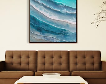 Glass wall art – coastal wave abstraction canvas print in teal, seafoam & ivory (serene modern)
