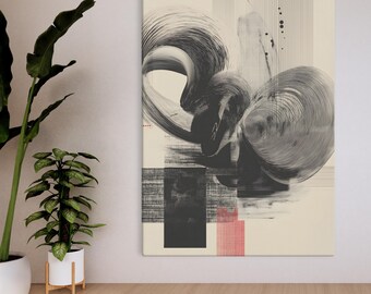 Canvas Zen-penseelstreek | Japanse muurkunst | Modern zwart-wit abstract, op inkt geïnspireerd minimalistisch decor