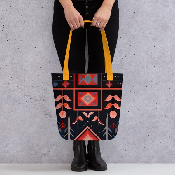 Boho Chic Tote Bag with Oscar Howe-Inspired Design - Handmade Polyester Bag for Women