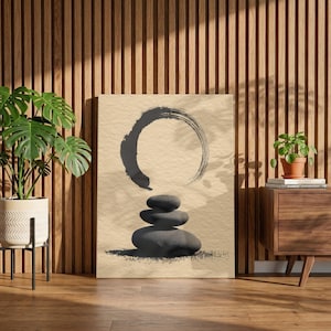 Arte mural zen: lienzo con círculo Enso y piedras apiladas, decoración Japandi Wabi-Sabi, arte minimalista.