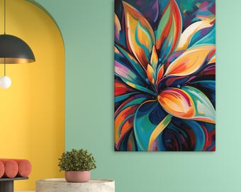 Bird of Paradise Abstract Floral Canvas Print: Colorful Tropical Wall Art for Dopamine Decor & Maximalist Interiors