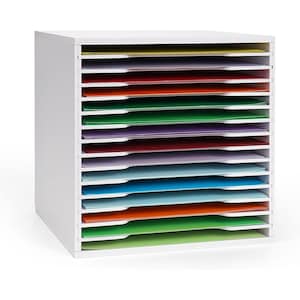 May include: A white wooden paper organizer featuring twelve horizontal shelves. Each shelf contains a single sheet of paper in a different color, including yellow, red, orange, green, purple, maroon, light purple, light blue, blue, and lime green.