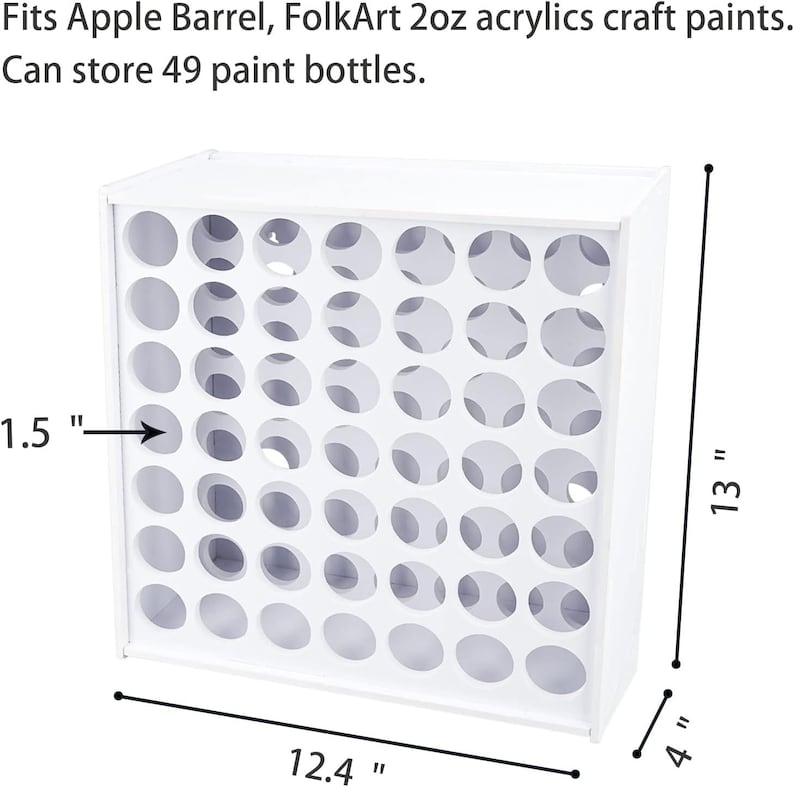 May include: White wooden paint bottle organizer with 49 holes, measuring 12.4 inches wide, 13 inches tall, and 4 inches deep. It can store 49 paint bottles.