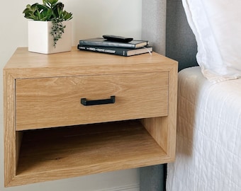 White Oak Floating nightstand, Mid-century modern solid oak bedroom nightstand