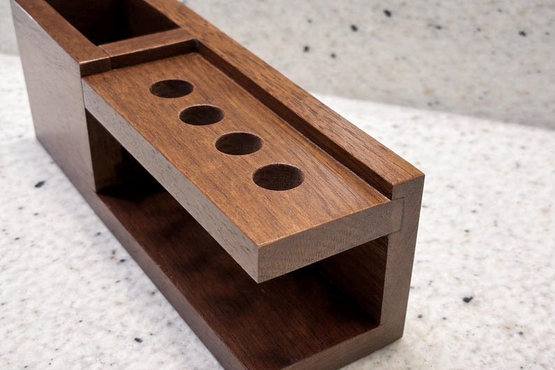 Walnut Toothbrush Holder Organizer – Wooden Bathroom Countertop Storage – Toothbrush & Razor Stand – Minimalist Bathroom Decor image 3