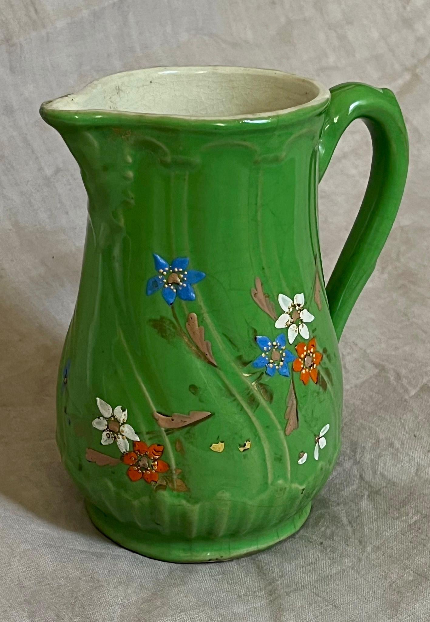 French Vintage Green Ceramic Jug with Hand Painted Flowers