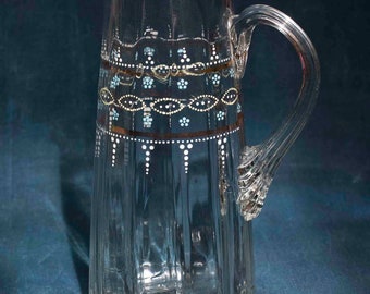 French Vintage Hand Blown Enameled Glass Jug