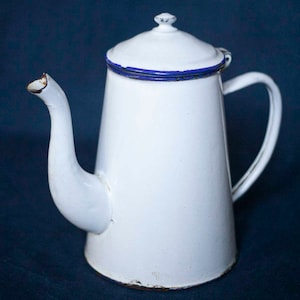 French vintage white and Blue Enamel Coffee Pot