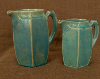 A Pair of Two Art Deco Turquoise Faceted Jugs