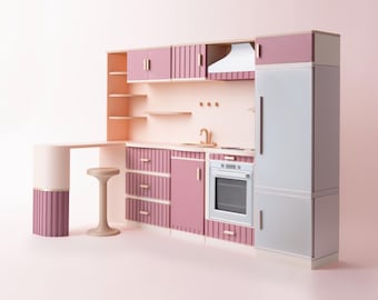Cucina moderna in scala 1:6 per casa delle bambole, con mobili in miniatura, forno e frigorifero.