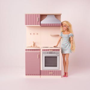 Poppenhuiskeukenset 1:6, miniatuur keukenblok met oven, roze poppenmeubels