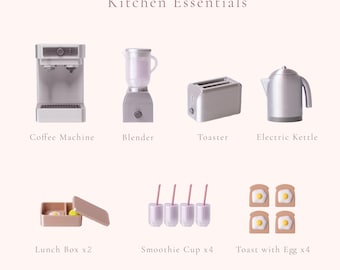 Keukenapparatuur en etenswarenset voor poppenhuis 1:6 | Miniatuur koffiezetmachine, blender, broodrooster, waterkoker, toast en smoothies