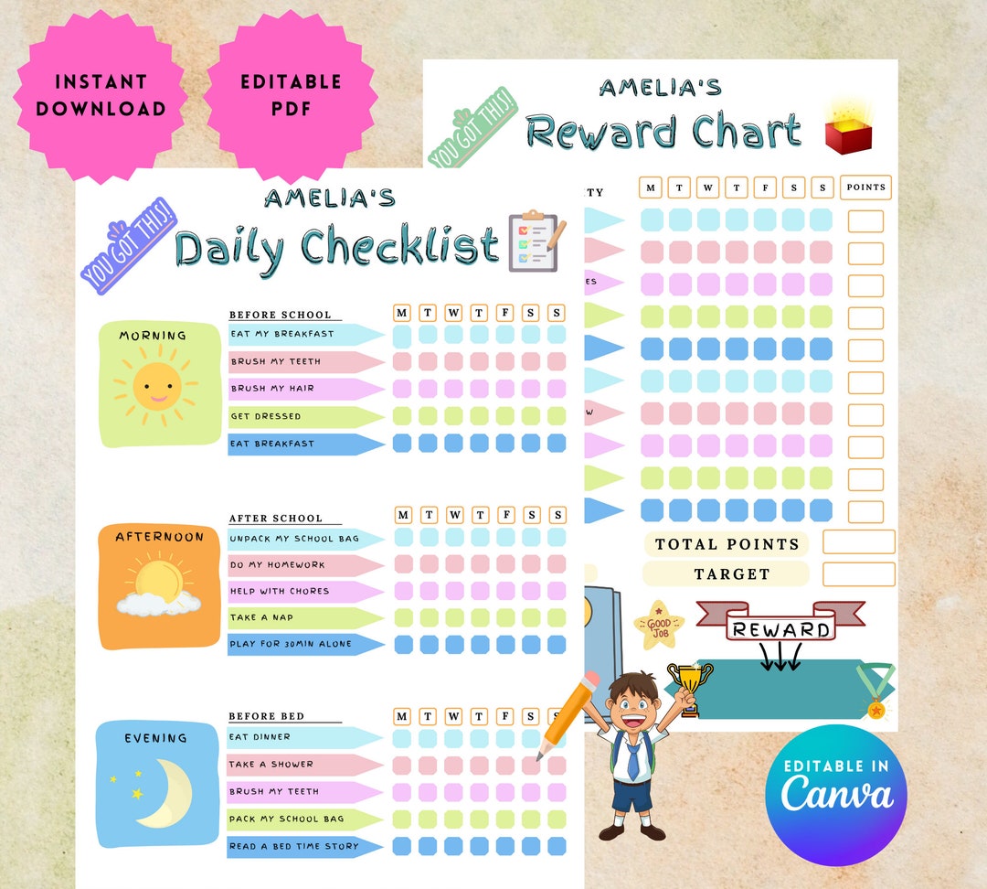 Daily Checklist for Kids, Responsibility Chart for Kids, Reward Chart ...