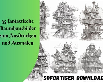 35 Fantastic Tree Houses Coloring Book - Adult Coloring Pages, Instant Download, Printable PDF File