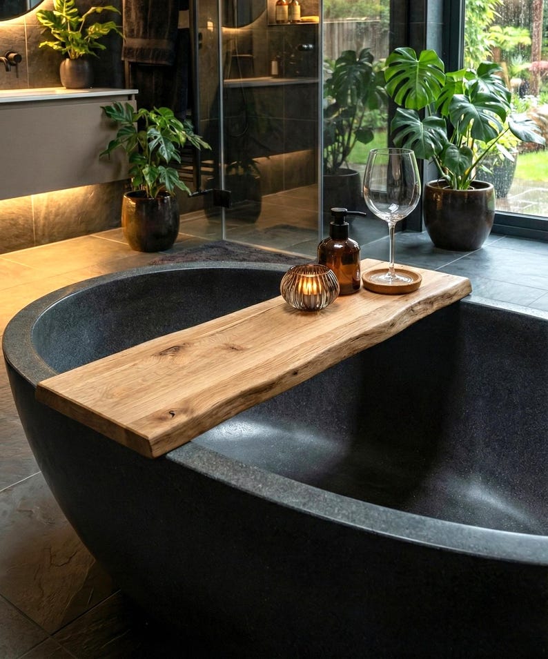 Bathtub tray made of wild oak – Handcrafted, size selectable | Bathtub board for books, tablet, wine | Wellness gift idea image 7