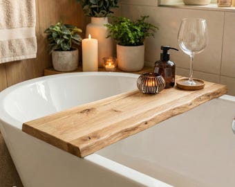 Badewannenablage aus Wildeiche – Handgefertigt Größe wählbar | Badewannenbrett für Bücher, Tablet, Wein | Geschenkidee Wellness