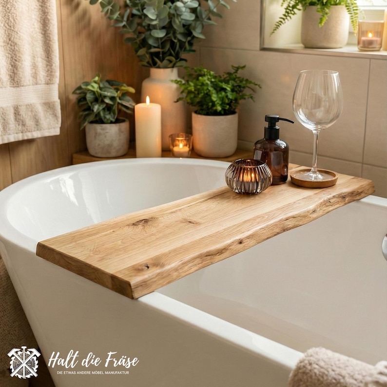 Bathtub tray made of wild oak – Handcrafted, size selectable | Bathtub board for books, tablet, wine | Wellness gift idea image 1