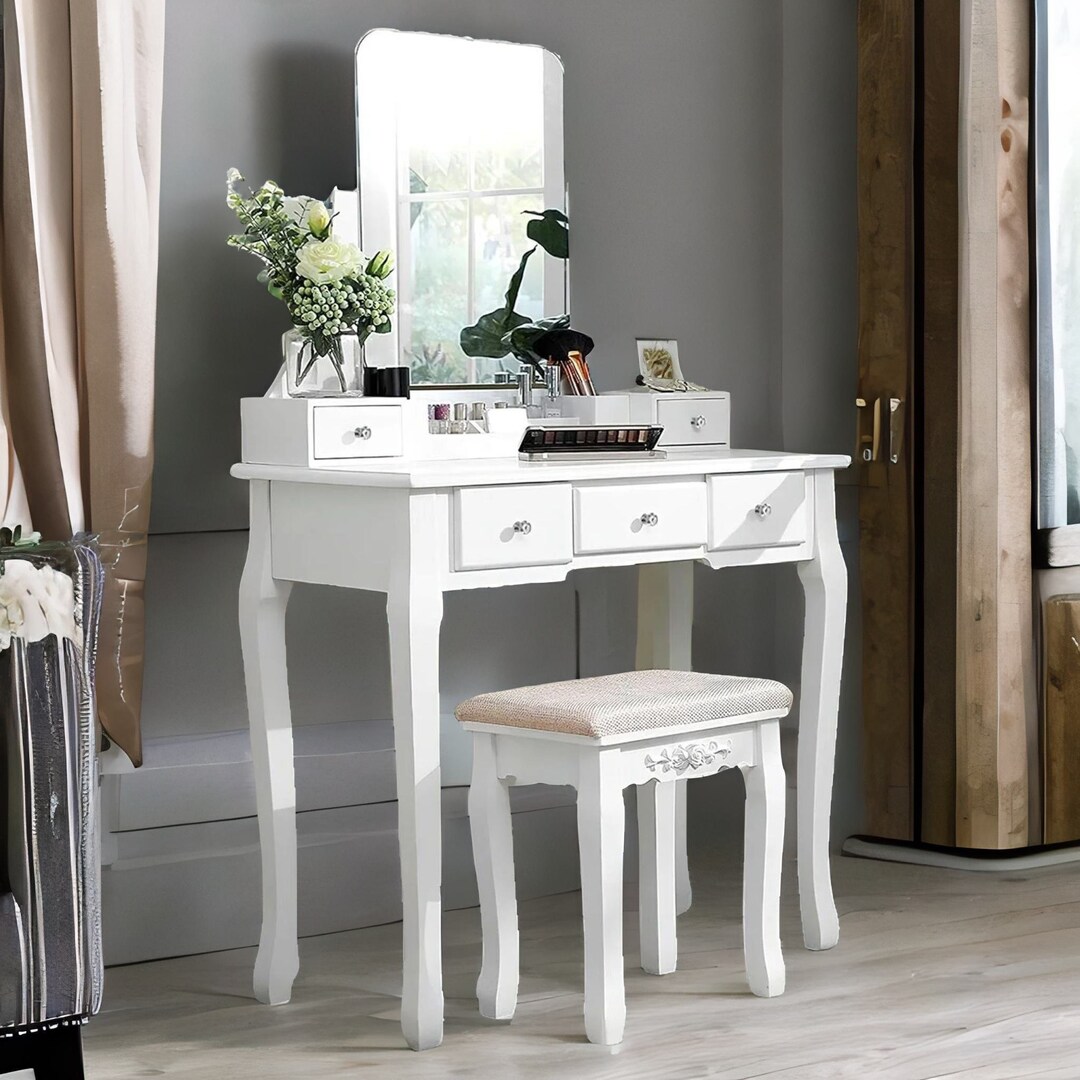 White Wooden Dressing Table With Mirror and Stool Vanity Stand Etsy UK