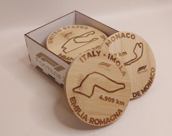 Sous-verres en bambou, Forumule 1 (F1) circuits pour 2024. Achat par l'unité ou par quatre avec boîte de rangement.