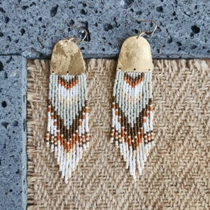 Native Boho Beaded Fringe Earrings, Quill Feather Bead Earrings, Modern Chic Style Earrings, Ethnic Beaded Earrings, Ivory Ombre Black Brown