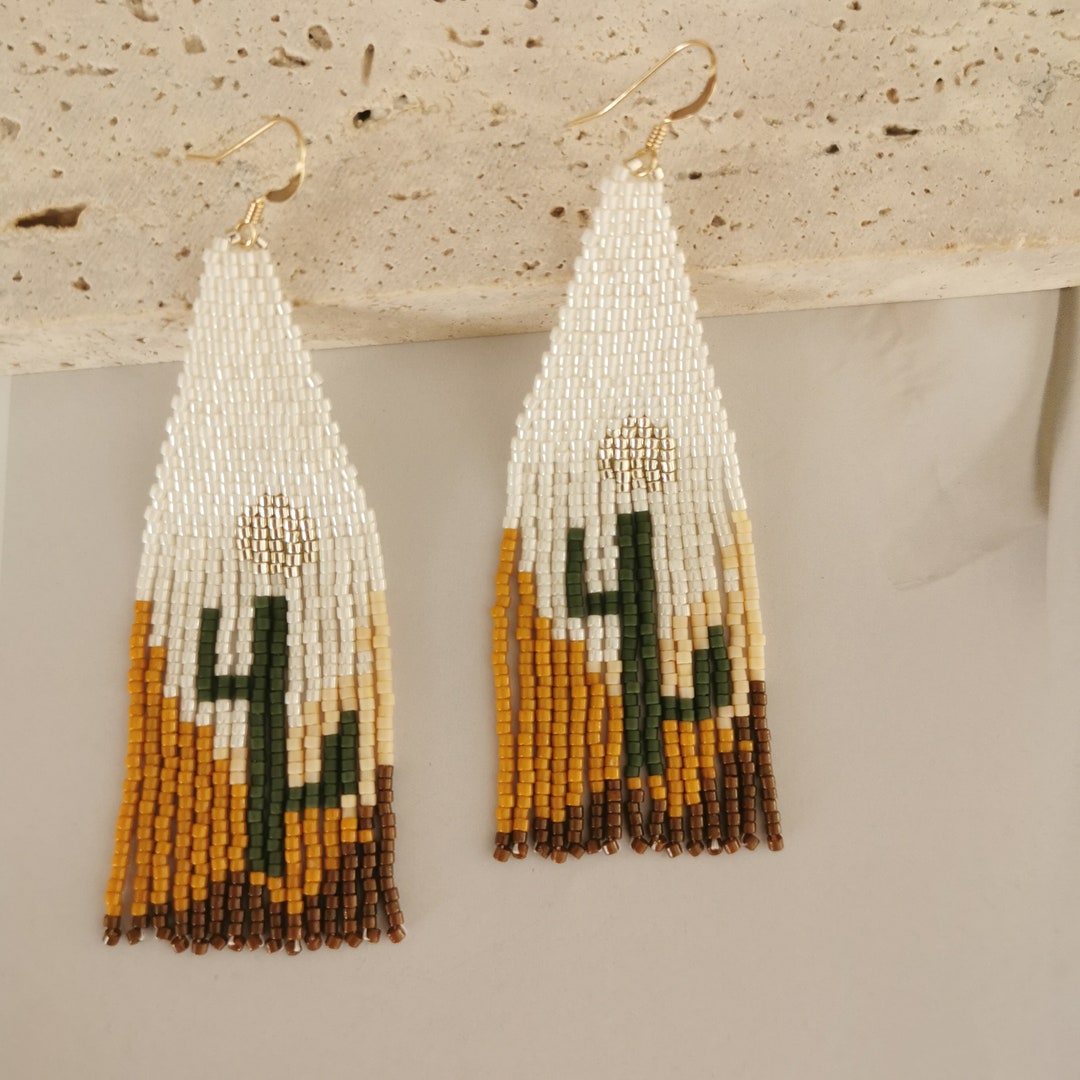 Cacti Beaded Earrings, Desert Sunset Fringe Earrings, Cactus Mountain Beaded Jewelry, Handwoven