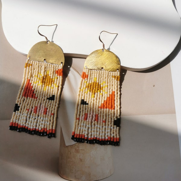 Orange Sun Beaded Fringe Earrings, Geometric Triangle Pastel Pattern Drop Earrings, Creative Beadwork, Boho Tassels