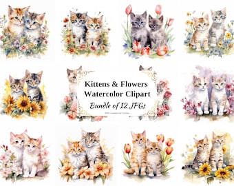 Kittens and Flowers Watercolor Clipart – 12 JPGs (Digital Download)