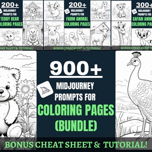 Op de afbeelding: Een zwart-witte illustratie van een 900+ Midjourney-promptbundel voor kleurplaten. De bundel bevat 200+ teddybeer-, 200+ boerderijdier- en 300+ safari-dierprompts. De afbeelding bevat ook een bonus-snelstartgids en tutorial.