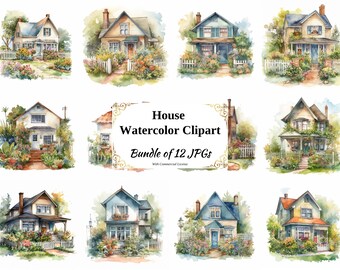 Watercolor House Clipart – Cottagecore Style, 12 JPGs (Digital Download)