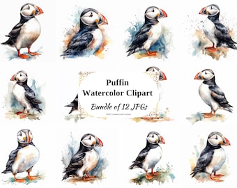 Puffin Watercolor Clipart – 12 JPGs, Commercial License (Digital Download)
