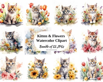 Kitten & Flowers Digital Clipart Pack - 12 High Quality JPGs - Digital Download - Card Making, Scrapbooking, Digital Paper Craft, Cute Cats