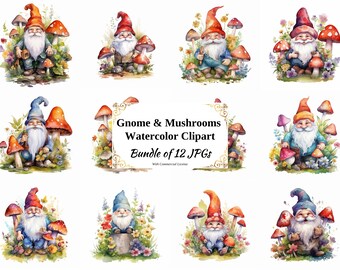 Gnome & Mushroom Watercolor Clipart – Digital Art Bundle (12 JPGs)