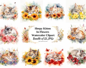 Sleepy Kitten Watercolor Clipart – Floral Cat Illustrations (Digital Download)