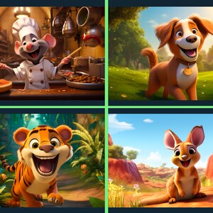 May include: A collage of four images featuring animated characters. The top left image shows a cartoon mouse wearing a chef's hat and holding a wooden spoon. The top right image shows a cartoon dog with brown fur. The bottom left image shows a cartoon tiger with orange and black stripes. The bottom right image shows a cartoon kangaroo with brown fur.