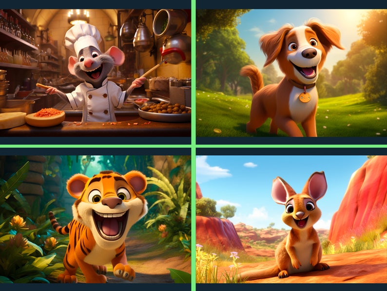 May include: A collage of four images featuring animated characters. The top left image shows a cartoon mouse wearing a chef's hat and holding a wooden spoon. The top right image shows a cartoon dog with brown fur. The bottom left image shows a cartoon tiger with orange and black stripes. The bottom right image shows a cartoon kangaroo with brown fur.