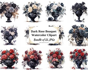 Dark Rose Bouquet Watercolor Clipart – 12 JPGs, Commercial Use (Digital Download)