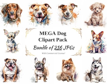 Dog Breed Clipart Bundle – 216 Watercolor Style JPGs (Digital Download)