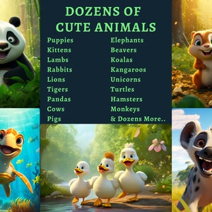 May include: A collage of cartoon animals, including a panda, a squirrel, a turtle, ducks, and a hyena. The text "DOZENS OF CUTE ANIMALS" is at the top of the image. A list of animals is shown on the left side of the image, including puppies, kittens, lambs, rabbits, lions, tigers, pandas, cows, and pigs. A list of animals is shown on the right side of the image, including elephants, beavers, koalas, kangaroos, unicorns, turtles, hamsters, monkeys, and more.