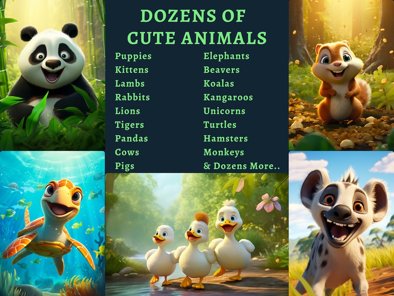 May include: A collage of cartoon animals, including a panda, a squirrel, a turtle, ducks, and a hyena. The text "DOZENS OF CUTE ANIMALS" is at the top of the image. A list of animals is shown on the left side of the image, including puppies, kittens, lambs, rabbits, lions, tigers, pandas, cows, and pigs. A list of animals is shown on the right side of the image, including elephants, beavers, koalas, kangaroos, unicorns, turtles, hamsters, monkeys, and more.